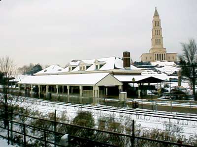 view of the masonic temple and train station from the king street metro station
